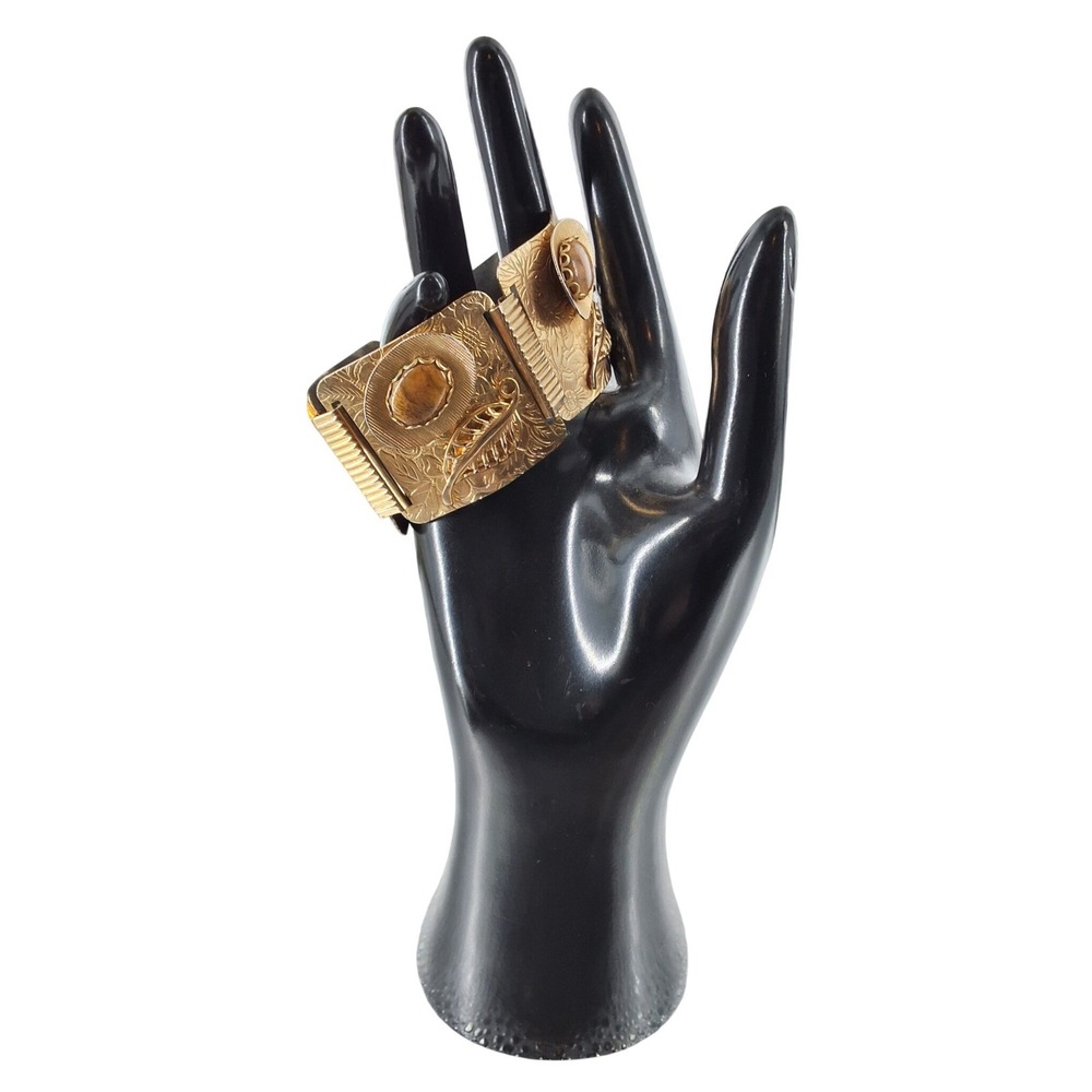 Vintage 1970s Brutalist‎ Tiger's Eye 5-Panel Link Bracelet Gold Tone 8"